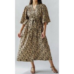 NWT Mirth Hyannis Dress Midi Belted In Twig Brown Black Floral Size S
